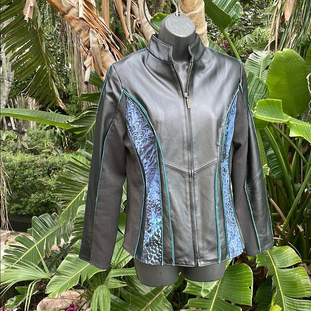 funnel neck, leather and animal, print patchwork jacket